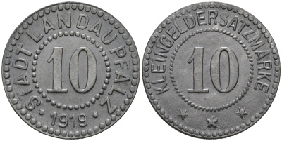 Ландау 10 пфеннигов 1919  Funck 266.7, Men18 17797.7 цинк  75-1443