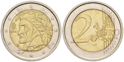Италия 2 евро 2003 Данте Алигьери KM 217 биметалл 4148-655