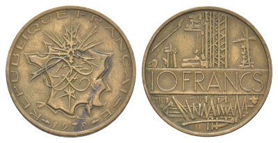Франция 10 франков 1978 KM 940, Le Franc 365.11 медь алюминий никель 4631-544