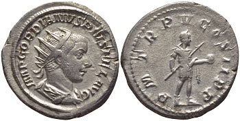 Римская Империя антониниан 241 - 243 Гордиан III, PM TR P V COS II PP, император в военном доспехе с копьем и сферой, Рим, Good Very fine RIC 93 серебро 1073-15-12
