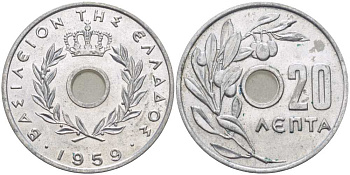 Греция 20 лепта 1959 Павел I (1947-1964), оливковая ветвь KM 79 алюминий UNC 28-524