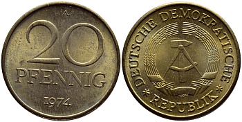 ГДР 20 пфеннигов 1974 А KM 11 латунь UNC 54-2631