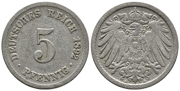 ГЕРМАНИЯ 5 ПФЕННИГОВ 1892 A KM 11, J. 12 медно-никель 39-644