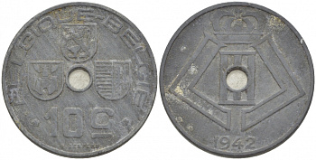 Бельгия 10 сантимов 1942 Belgique - Belgie, Леопольд III (1934-1947), германская оккупация, Вторая мировая война KM 125 цинк 87-1414