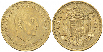 ИСПАНИЯ 1 ПЕСЕТА 1966 (71) ФРАНСИСКО ФРАНКО ДИКТАТОР ИСПАНИИ (1939-1975) КМ 796 алюминиевая бронза 87-1444