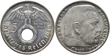 ГЕРМАНИЯ 5 РЕЙХСМАРОК 1938 J, ГИНДЕНБУРГ KM 94, J. 367 серебро 1515-1514