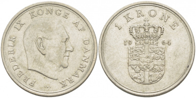 ДАНИЯ 1 КРОНА 1964 C; S, ФРЕДЕРИК IX (1947-1972) KM 851.1 медно-никель 86-841