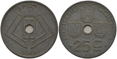 Бельгия 25 сантимов 1943 Belgie - Belgique, Леопольд III (1934-1947), германская оккупация, Вторая мировая война KM 132 цинк 4157-534
