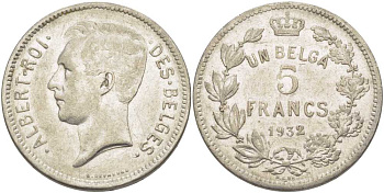БЕЛЬГИЯ 5 ФРАНКОВ 1932 АЛЬБЕРТ I, DES BELGES KM 97.1 никель 3851-226