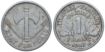 Франция 1 франк 1943 правительство Виши KM 902.1, Le Franc 223.3 алюминий 4128-347