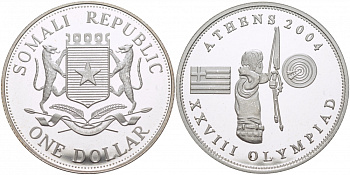 СОМАЛИ 1 ДОЛЛАР 2004 XXVIII ОЛИМПИЙСКИЕ ИГРЫ В АФИНАХ, СТРЕЛЬБА ИЗ ЛУКА серебро PROOF 1074-6-42