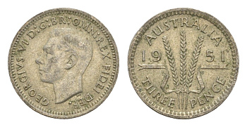 Австралия 3 пенса 1951 Георг VI (1936-1952) KM 44 серебро 4649-1068