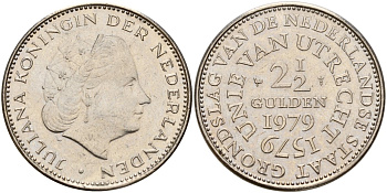 Нидерланды 2 1/2 гульдена 1979 400 лет Утрехтскому союзу, Юлиана (1949-1980) KM 197 никель 4157-416