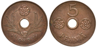 Финляндия 5 пенни 1941 KM 64.1 медь 00-00