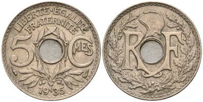 Франция 5 сантимов 1935 KM 875 медно-никель 4596-635