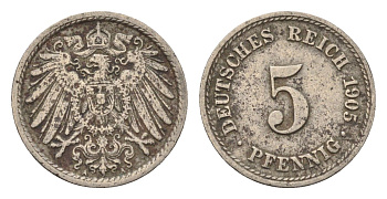 Германия 5 пфеннигов 1905 A KM 11, J. 12 медно-никель 4696-626