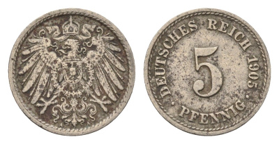 Германия 5 пфеннигов 1905 A KM 11, J. 12 медно-никель 4696-626