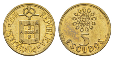 Португалия 5 эскудо 2000 KM 632 никель латунь UNC 4632-328