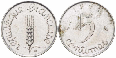 ФРАНЦИЯ 5 САНТИМОВ 1961 ПЯТАЯ РЕСПУБЛИКА KM 927, LE FRANC 124.3 хромированная сталь 105-418