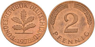 ФРГ 2 пфеннига 1978 G J.381a, KM 106a сталь плакированная медью    4598-839
