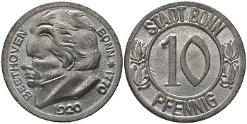 Бонн (Пруссия, Рейн) 10 пфенингов 1920 Funck 51.1A, Men05 3220.1, Men18 4134.1 железо 4163-523