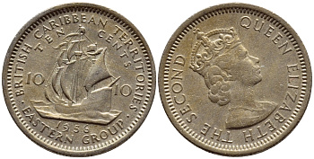 Британские Восточно-Карибские территории 10 центов 1956 Елизавета II (1952-2022), парусник KM 5 медно-никель 4387-445