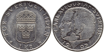 Швеция 1 крона 1992 Карл XVI Густав (1973- ) KM 852a медно-никель 4384-1244