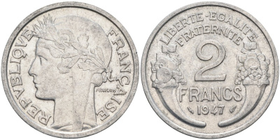 Франция 2 франка 1947 тип Morlon KM 886a.1, Le Frank 369.10 алюминий 4116-1147