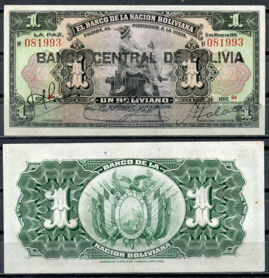 Боливия 1 боливиано 1911 (1929) надпечатка на Pick 103, серия G4, Меркурий Pick 112 (3)  бумага  7217-63-3-1