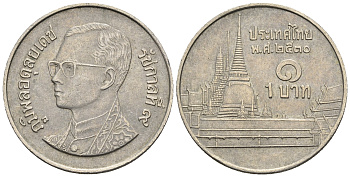 Таиланд 1 бат 1987 BE 2530, Рама IX (1946-2016), королевский дворец KM 183 медно-никель 85-831