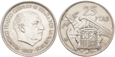 ИСПАНИЯ 25 ПЕСЕТА 1957 (69) ФРАНСИСКО ФРАНКО ДИКТАТОР ИСПАНИИ (1939-1975) KM 787 медно-никель 176-417