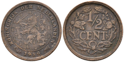 Нидерланды 1/2 цента 1916 Вильгельмина (1890-1948) KM 138 бронза 4576-366