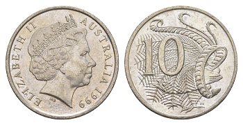 Австралия 10 центов 1999 Елизавета II (1952-2022), птица лирахвост KM 402 медно-никель 4384-347