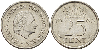 Нидерланды 25 центов 1966 Юлиана (1949-1980) KM 183 никель 66-1164