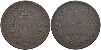САН-МАРИНО 5 ЧЕНТЕЗИМО 1869 М KM 1 медь 72-312