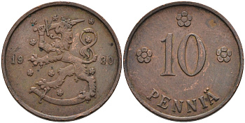 Финляндия 10 пенни 1930 республика (1918-1962) KM 24 медь 76-1142