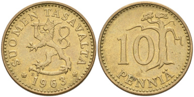 ФИНЛЯНДИЯ 10 ПЕННИ 1963 S KM 46 алюминиевая бронза 192-254
