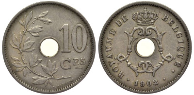 БЕЛЬГИЯ 10 САНТИМОВ 1902 BELGIQUE, ЛЕОПОЛЬД II (1865-1909) KM 48 медно-никель 27-913