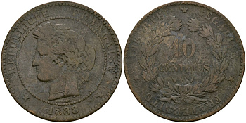 Франция 10 сантимов 1888 A, Третья республика (1871-1940) KM 815.1, Le Franc 135.33 бронза 4123-123