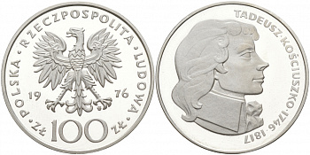 Польша 100 злотых 1976 MW, Тадеуш Костюшко (1746-1817) KM 82, Parchimowicz 274 серебро PROOF 1087-8-65