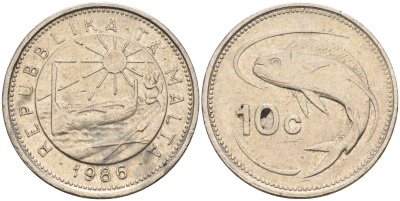 Мальта 10 центов 1986 золотая макрель KM 76 медно-никель 4588-215