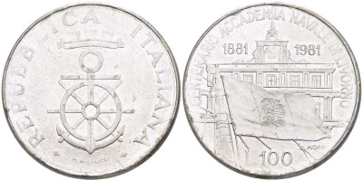 ИТАЛИЯ 100 ЛИР 1981 R, СТО ЛЕТ АКАДЕМИИ KM 108 нержавеющая сталь 119-123