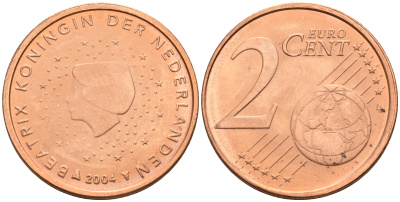 Нидерланды 2 евроцента 2004  КМ 235 сталь плакированная медью UNC   4160-1151