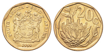ЮАР 20 центов 1994 герб, цветок протея KM 136 сталь плакированная бронзой UNC 4696-1032