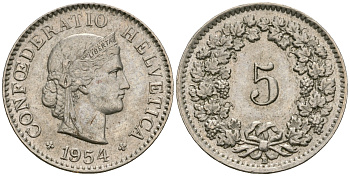Швейцария 5 раппенов 1954 KM 26 медно-никель aUNC 4608-1048