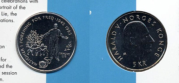Норвегия 5 крон 1995 50 лет ООН, хоровод UNC 00-00