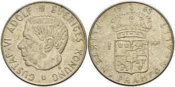 Швеция 1 крона 1965 U, Густав VI Адольф (1950-1973) KM 826 серебро 4601-1131