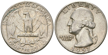 США 25 центов = квотер 1957 KM 164 серебро 117-632