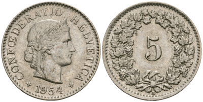 Швейцария 5 раппенов 1954 KM 26 медно-никель aUNC 4608-1048