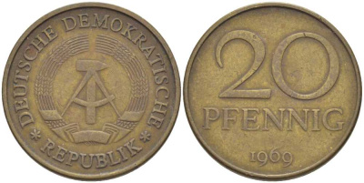 ГДР 20 пфеннигов 1969 А, первый год KM 11 латунь 4402-224